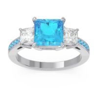 Swiss Blue Topaz Ring In Palladium With Lab Diamond Alinda Princess Three-stone Ring