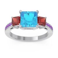 Swiss Blue Topaz Ring In Palladium With Garnet And Amethyst Alinda Princess Three-stone Ring