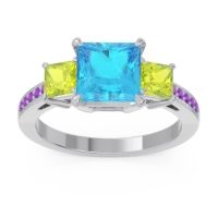 Swiss Blue Topaz Ring In Palladium With Peridot And Amethyst Alinda Princess Three-stone Ring