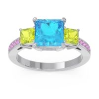 Swiss Blue Topaz Ring In Palladium With Peridot And Pink Tourmaline Alinda Princess Three-stone Ring