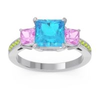 Swiss Blue Topaz Ring In 14k White Gold With Pink Tourmaline And Peridot Alinda Princess Three-stone Ring
