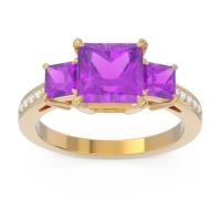 Amethyst Engagement Ring In 14k Yellow Gold With Diamond - Alinda Princess Three-stone Ring