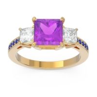 Amethyst Ring In 14k Yellow Gold With Lab Diamond And Blue Sapphire Alinda Princess Three-stone Ring
