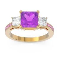 Amethyst Ring In 14k Yellow Gold With Lab Diamond And Pink Tourmaline Alinda Princess Three-stone Ring