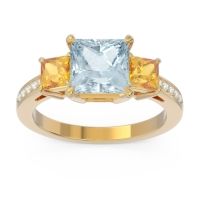Aquamarine Ring In 14k Yellow Gold With Citrine And Lab Diamond Alinda Princess Three-stone Ring