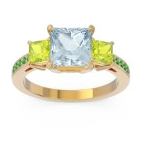 Aquamarine Ring In 18k Yellow Gold With Peridot And Emerald Alinda Princess Three-stone Ring