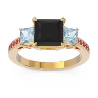 Black Onyx Ring In 14k Yellow Gold With Aquamarine And Ruby Alinda Princess Three-stone Ring