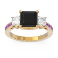 Black Onyx Ring In 14k Yellow Gold With Diamond And Amethyst Alinda Princess Three-stone Ring