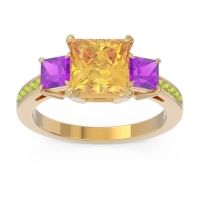 Citrine Ring In 18k Yellow Gold With Amethyst And Peridot Alinda Princess Three-stone Ring