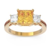Citrine Ring In 14k Yellow Gold With Diamond And Garnet Alinda Princess Three-stone Ring