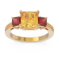 Citrine Ring In 18k Yellow Gold With Garnet Alinda Princess Three-stone Ring