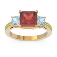 Garnet Ring In 18k Yellow Gold With Aquamarine And Peridot Alinda Princess Three-stone Ring