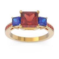Garnet Ring In 14k Yellow Gold With Blue Sapphire And Ruby Alinda Princess Three-stone Ring