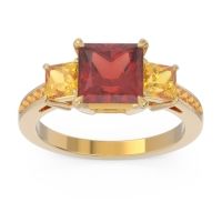 Garnet Ring In 14k Yellow Gold With Citrine Alinda Princess Three-stone Ring