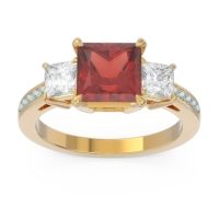 Garnet Ring In 14k Yellow Gold With Lab Diamond And Aquamarine Alinda Princess Three-stone Ring