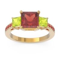 Garnet Ring In 14k Yellow Gold With Peridot And Ruby Alinda Princess Three-stone Ring