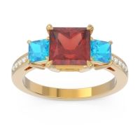 Garnet Ring In 18k Yellow Gold With Swiss Blue Topaz And Lab Diamond Alinda Princess Three-stone Ring