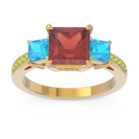 Garnet Ring In 14k Yellow Gold With Swiss Blue Topaz And Peridot Alinda Princess Three-stone Ring