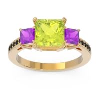 Peridot Ring In 14k Yellow Gold With Amethyst And Black Onyx Alinda Princess Three-stone Ring