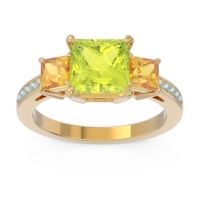 Peridot Ring In 18k Yellow Gold With Citrine And Aquamarine Alinda Princess Three-stone Ring