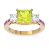 Peridot Ring In 14k Yellow Gold With Lab Diamond And Amethyst Alinda Princess Three-stone Ring