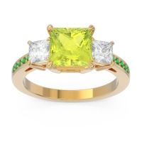 Peridot Ring In 14k Yellow Gold With Lab Diamond And Emerald Alinda Princess Three-stone Ring
