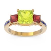 Peridot Ring In 14k Yellow Gold With Garnet And Blue Sapphire Alinda Princess Three-stone Ring
