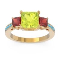 Peridot Ring In 14k Yellow Gold With Garnet And Swiss Blue Topaz Alinda Princess Three-stone Ring