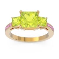Peridot Ring In 18k Yellow Gold With Pink Tourmaline Alinda Princess Three-stone Ring