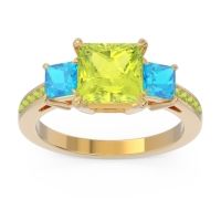 Peridot Ring In 18k Yellow Gold With Swiss Blue Topaz Alinda Princess Three-stone Ring