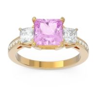 Pink Tourmaline Engagement Ring In 14k Yellow Gold With Lab Diamond And Diamond - Alinda Princess Three-stone Ring