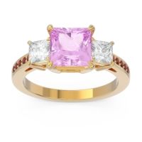 Pink Tourmaline Ring In 14k Yellow Gold With Lab Diamond And Garnet Alinda Princess Three-stone Ring
