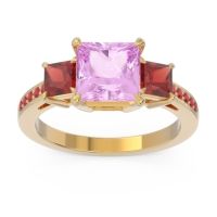 Pink Tourmaline Ring In 18k Yellow Gold With Garnet And Ruby Alinda Princess Three-stone Ring
