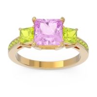 Pink Tourmaline Ring In 18k Yellow Gold With Peridot Alinda Princess Three-stone Ring