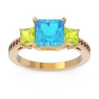 Swiss Blue Topaz Ring In 14k Yellow Gold With Peridot And Garnet Alinda Princess Three-stone Ring