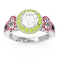Diamond Ring In Palladium With Peridot And Ruby Rati Round Halo Ring