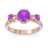 Amethyst Ring In 18K Rose Gold With Emerald Taraggana Round Three-stone Ring