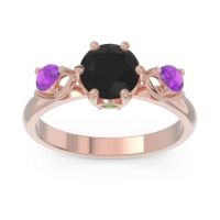 Black Onyx Ring In 18K Rose Gold With Emerald And Amethyst Taraggana Round Three-stone Ring