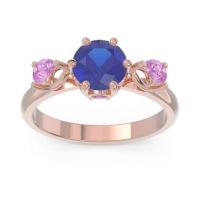 Lab Blue Sapphire Ring In 14K Rose Gold With Amethyst And Pink Tourmaline Taraggana Round Three-stone Ring