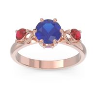 Lab Blue Sapphire Ring In 14K Rose Gold With Amethyst And Ruby Taraggana Round Three-stone Ring