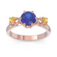 Lab Blue Sapphire Ring In 14K Rose Gold With Pink Tourmaline And Citrine Taraggana Round Three-stone Ring