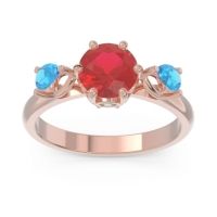 Lab Ruby Ring In 14K Rose Gold With Aquamarine And Swiss Blue Topaz Taraggana Round Three-stone Ring