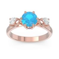 Swiss Blue Topaz Ring In 18K Rose Gold With Blue Sapphire And Lab Diamond Taraggana Round Three-stone Ring