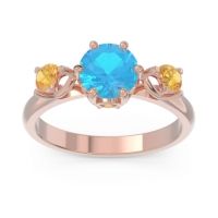 Swiss Blue Topaz Ring In 18K Rose Gold With Citrine Taraggana Round Three-stone Ring