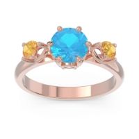 Swiss Blue Topaz Ring In 14K Rose Gold With Diamond And Citrine Taraggana Round Three-stone Ring