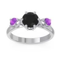 Black Onyx Ring In Palladium With Amethyst Taraggana Round Three-stone Ring