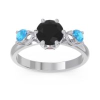 Black Onyx Ring In Palladium With Garnet And Swiss Blue Topaz Taraggana Round Three-stone Ring