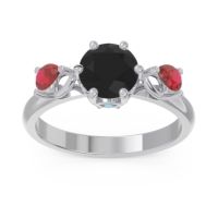 Black Onyx Ring In Palladium With Swiss Blue Topaz And Ruby Taraggana Round Three-stone Ring