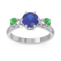 Blue Sapphire Ring In Palladium With Garnet And Emerald Taraggana Round Three-stone Ring