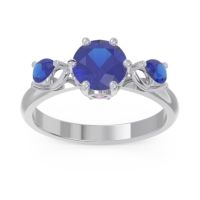Lab Blue Sapphire Ring In 14k White Gold With Pink Tourmaline And Blue Sapphire Taraggana Round Three-stone Ring